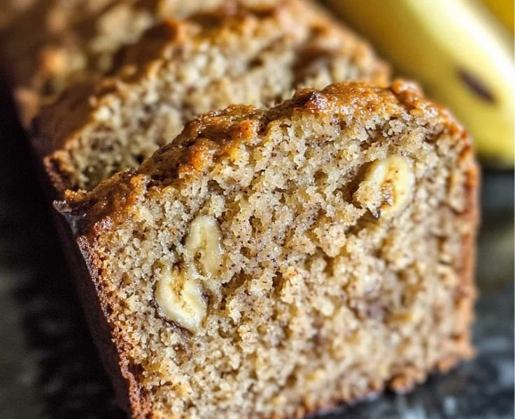 Slice of healthy banana bread on a wooden table with bananas