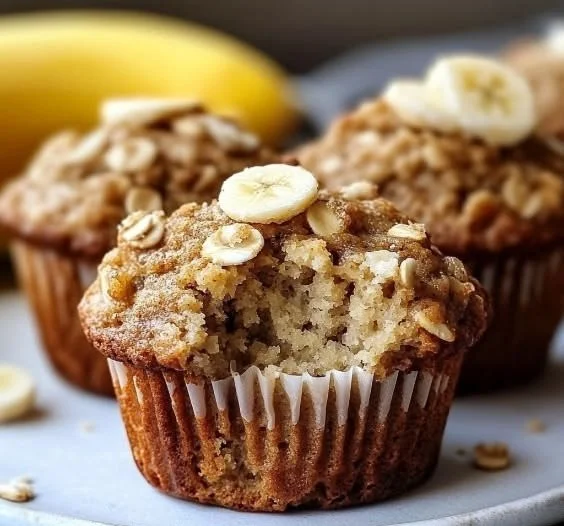 Healthy banana oatmeal muffins fresh out of the oven on a cooling rack.