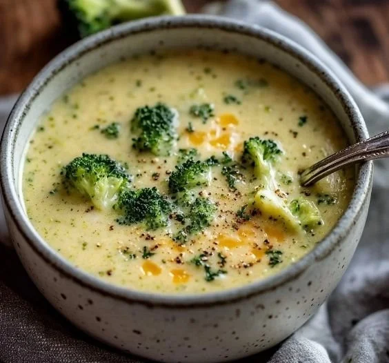 Healthy broccoli cheddar soup served in a bowl with toppings