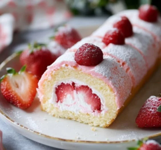 Heavenly Japanese Strawberry Cake Roll with fresh strawberries and cream filling