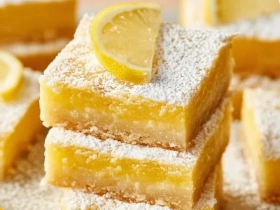 Delicious homemade lemon bars topped with powdered sugar on a white plate