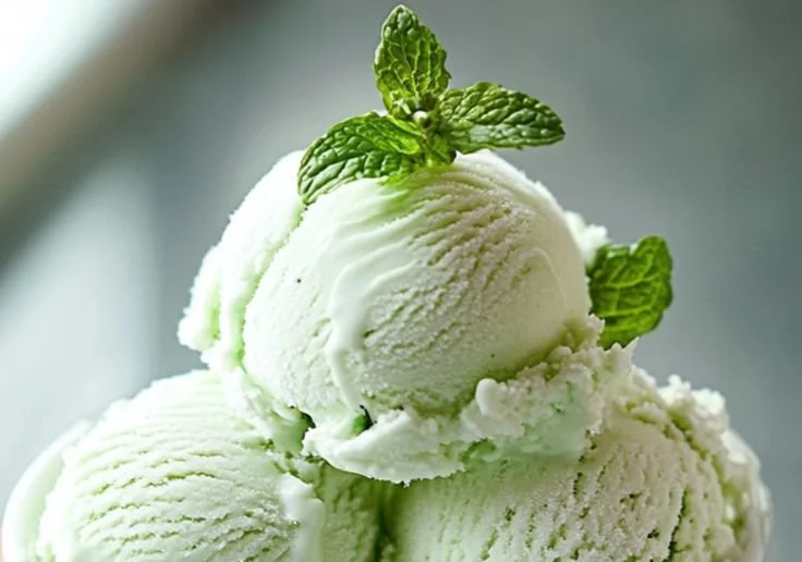 A bowl of homemade mint ice cream with fresh mint leaves on top