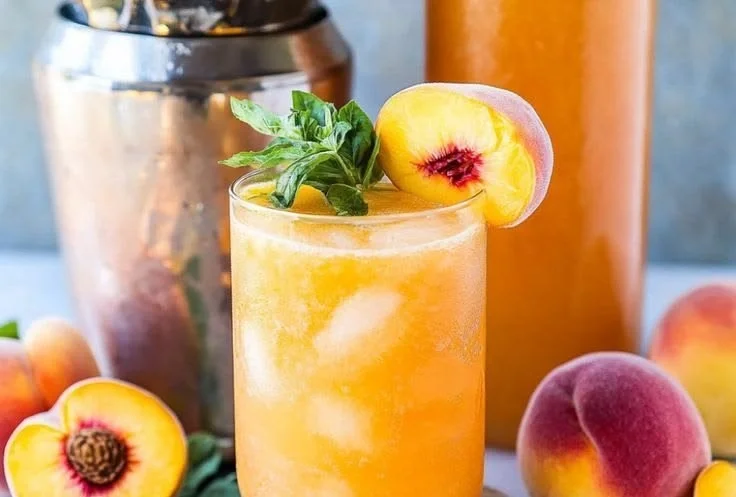 Refreshing homemade peach lemonade in a glass with fresh peaches and lemon slices