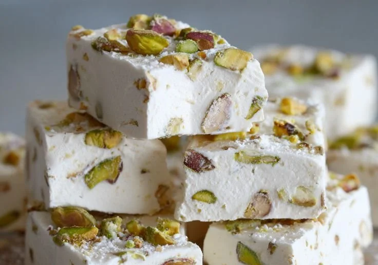 Homemade pistachio nougat cut into pieces for a delicious treat