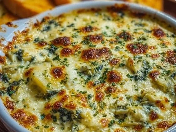 Creamy homemade spinach artichoke dip served in a bowl with tortilla chips