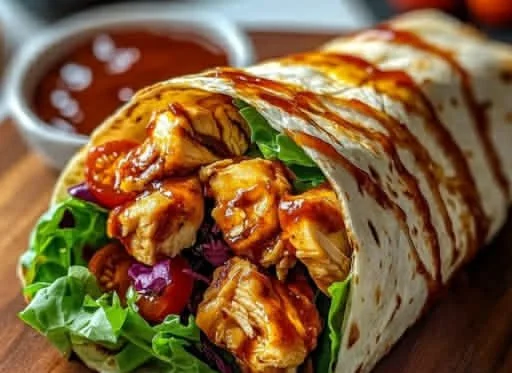 Honey BBQ Chicken Wraps featuring tender chicken and a sweet sauce wrapped in tortillas.