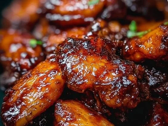 Plate of honey BBQ wings glistening with sauce, garnished for a delicious presentation.