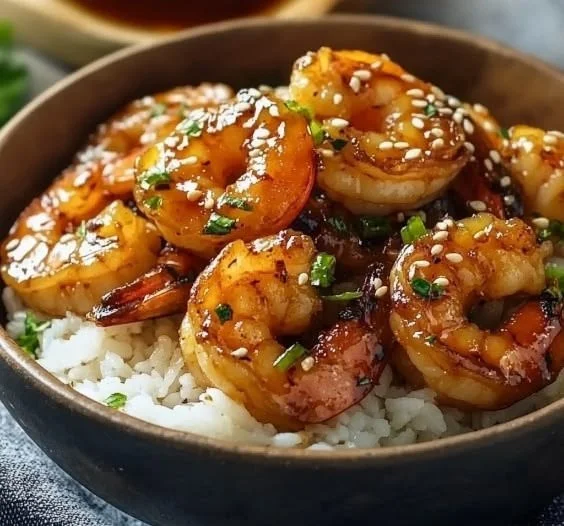 Delicious Honey Garlic Shrimp Bowl with rice and vegetables