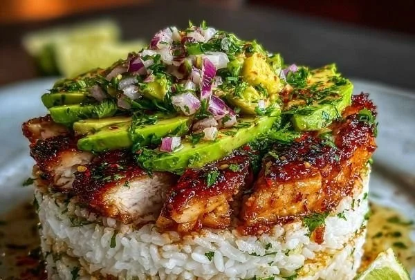 Honey Lime Chicken served with Avocado Rice Stack on a plate