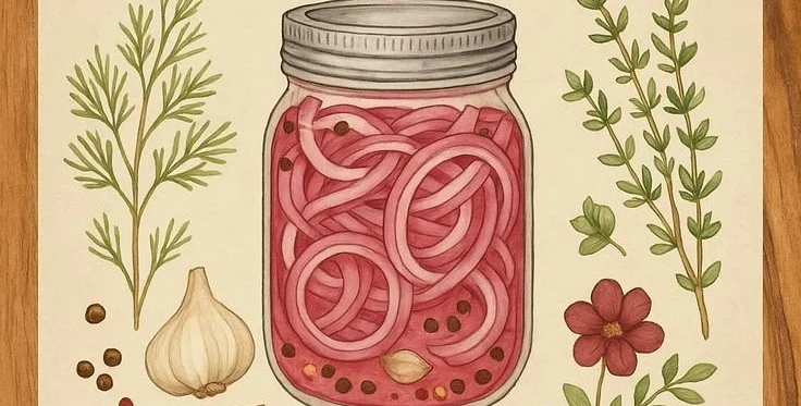 Homemade pickled red onions in a jar on a kitchen counter