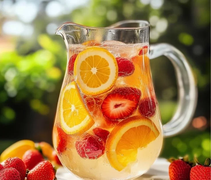 Refreshing glass of white sangria with fruit garnishes on a table