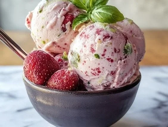 Ice cream topped with roasted strawberries, lime zest, and fresh basil leaves