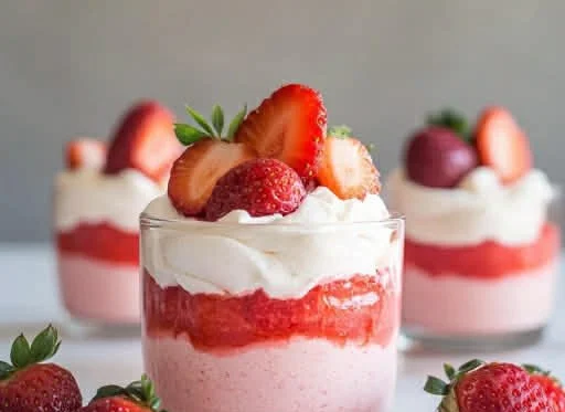 Delicious fresh strawberry mousse dessert garnished with berries