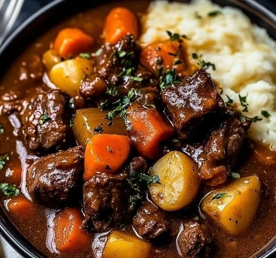 Irish Guinness beef stew in a rustic bowl with vegetables and herbs