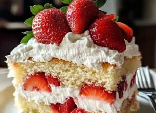 Slice of irresistible strawberry whipped cream cake on a white plate