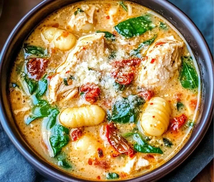 Bowl of creamy Chicken Gnocchi Soup garnished with herbs