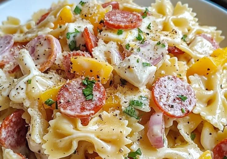 Colorful Italian pasta salad with vegetables and dressing in a bowl