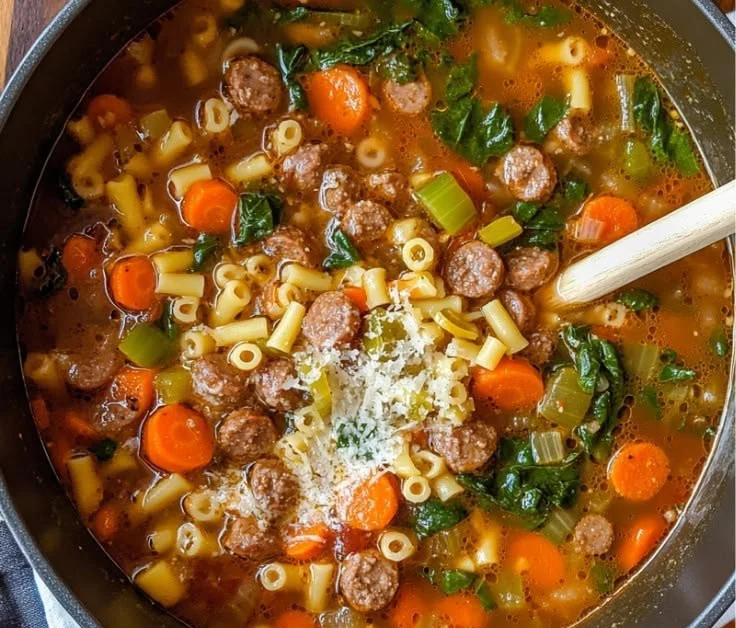 Bowl of flavorful Italian sausage soup with vegetables and herbs.