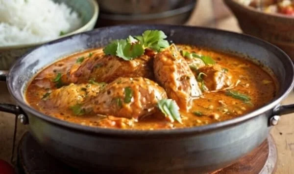 Jamie Oliver's flavorful chicken curry served in a bowl with rice.