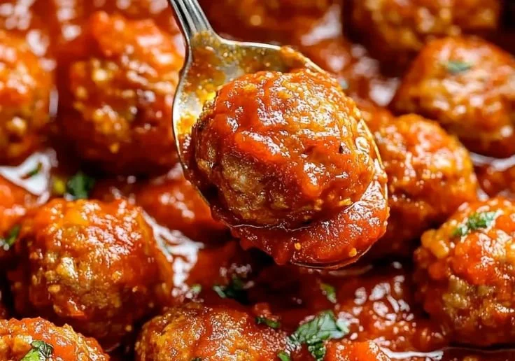 Juicy baked meatballs with marinara sauce served on a plate