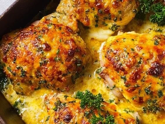 Keto Cheesy Ranch Chicken Thighs on a plate with herbs and spices