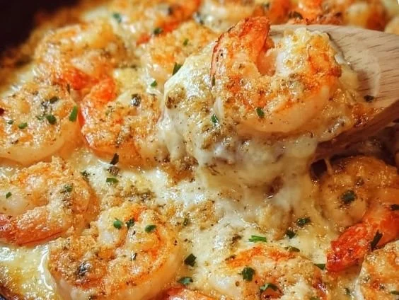 Keto Garlic Shrimp Au Gratin dish served in a baking dish