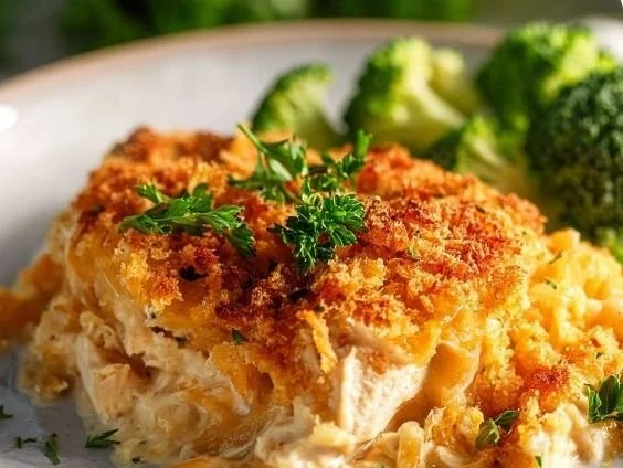 Keto Millionaire Chicken Casserole topped with cheese and herbs