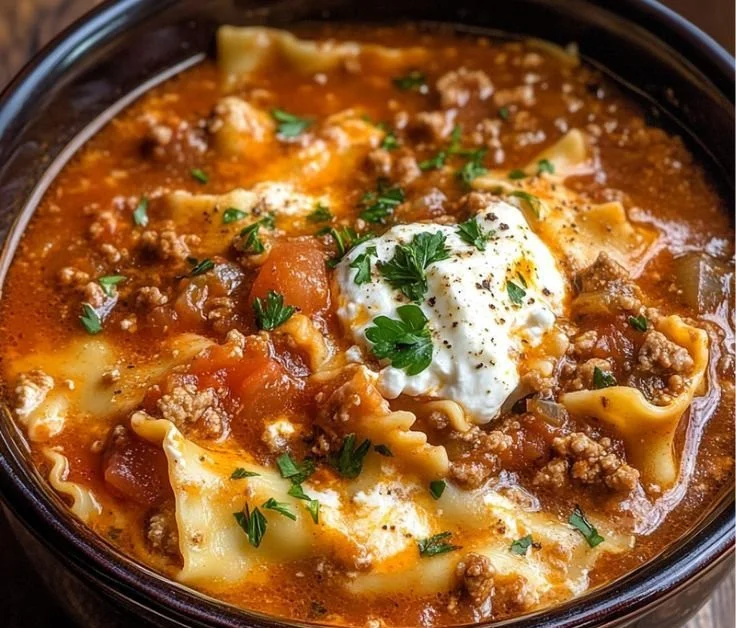 Slow cooker lasagna soup with cheese and pasta in a bowl