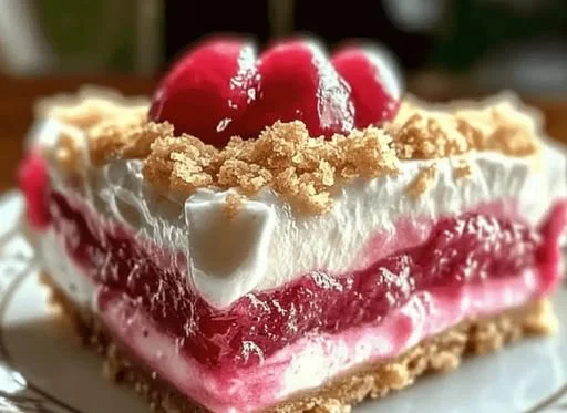 Layered Rhubarb Pudding topped with fresh cream and rhubarb slices.