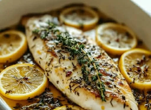 Lemon and thyme roasted sea bass on a plate garnished with herbs.
