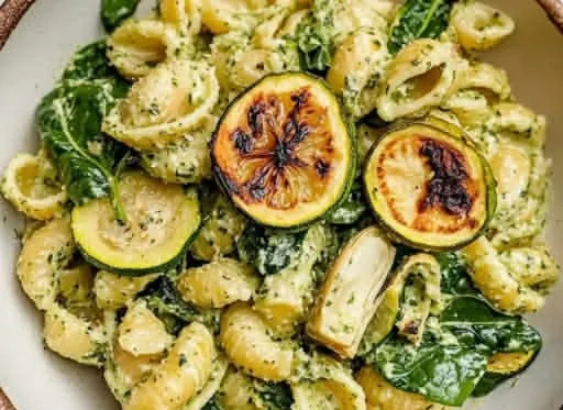Bowl of Lemon Basil Pasta Salad with fresh vegetables and herbs