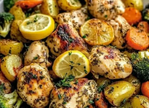 Plate of Lemon Herb Chicken served with vibrant fresh vegetables