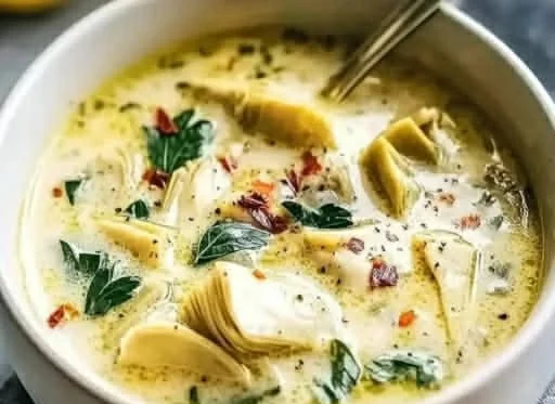 Bowl of Lemony Tuscan Artichoke Soup garnished with herbs and lemon slices