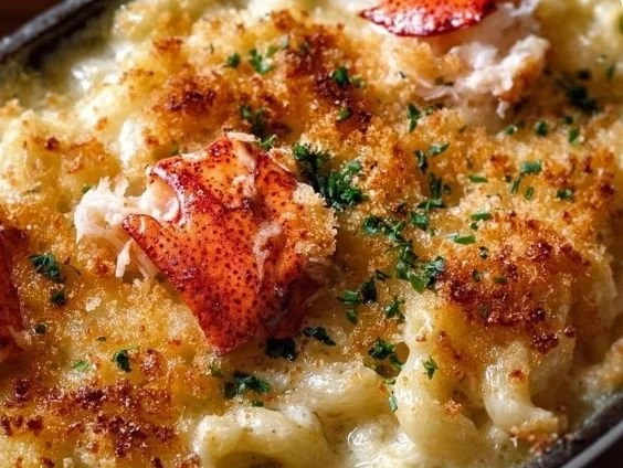 Delicious Lobster Mac and Cheese topped with golden breadcrumbs