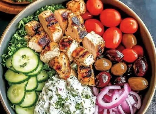 Low-carb Greek chicken bowls with fresh vegetables and herbs