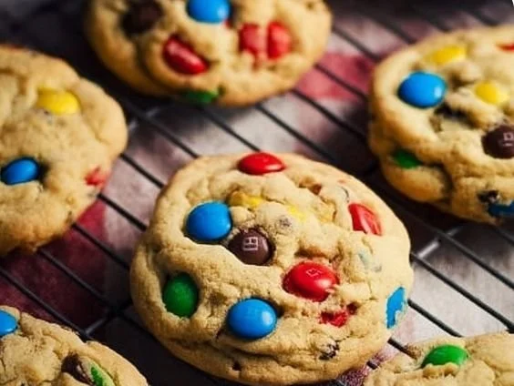 Freshly baked M&M cookies with colorful chocolate candies