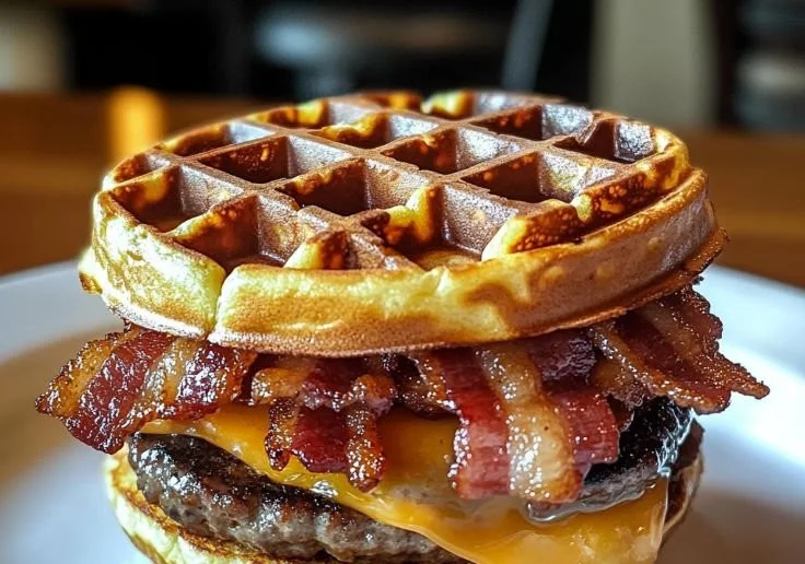 Delicious Maple Bacon Waffle Burger with crispy bacon and waffles