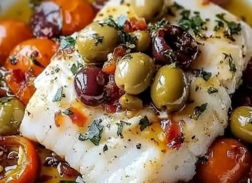 Mediterranean baked cod fillet topped with olives and herbs on a plate