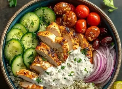 Delicious Mediterranean Chicken Bowl with vibrant vegetables and wholesome ingredients