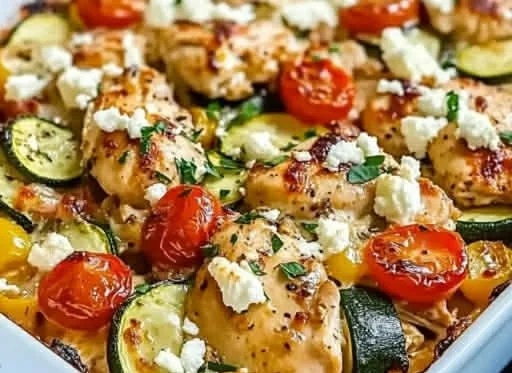 Mediterranean Chicken Zucchini Bake with fresh vegetables and herbs