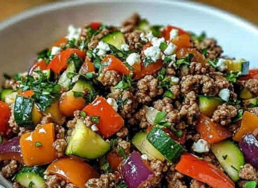 Mediterranean ground beef stir-fry served in a colorful bowl with fresh vegetables.