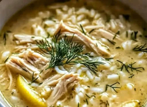 Bowl of Mediterranean lemon chicken soup garnished with fresh herbs and lemon wedges