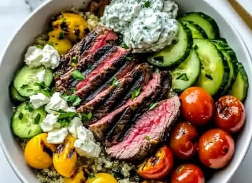 Mediterranean steak bowl with fresh vegetables and herbs