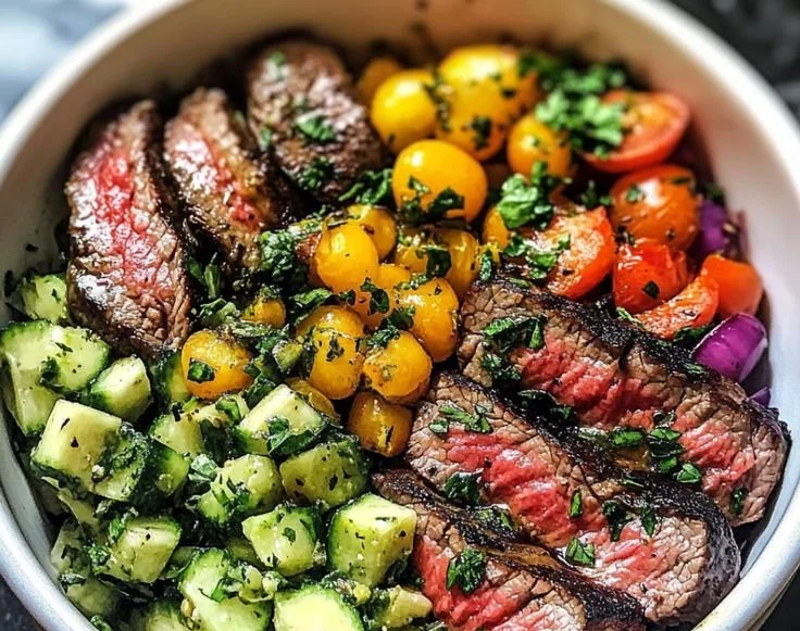 Mediterranean steak bowl with marinated beef, fresh vegetables, and sauces