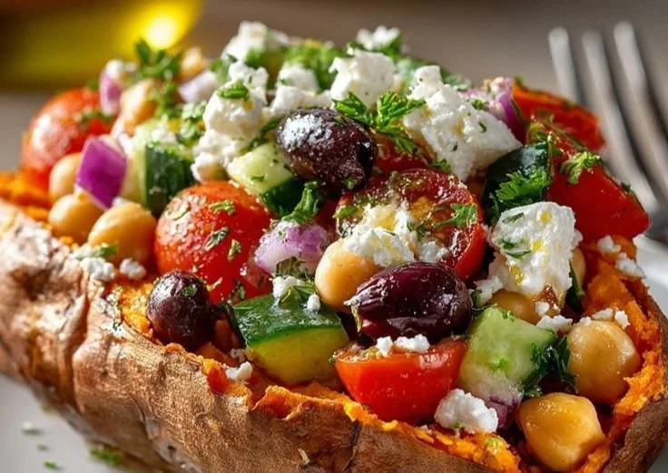 Mediterranean stuffed sweet potatoes topped with herbs and spices