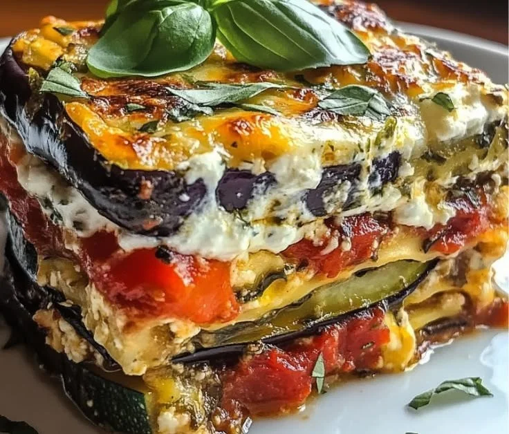 Mediterranean vegetable lasagna with creamy ricotta on a plate