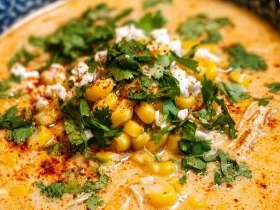 Bowl of creamy Mexican street corn chowder topped with fresh cilantro and lime