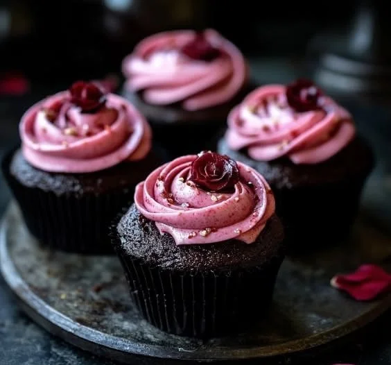 Midnight Rose Garden Cupcakes with chocolate frosting and edible rose decorations