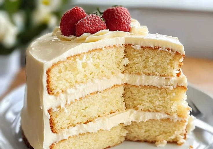 Moist vanilla cake freshly baked from scratch with frosting and decorations.