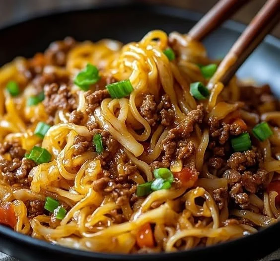 Delicious Mongolian ground beef noodles served in a bowl